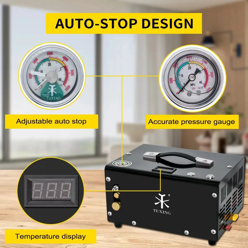 

12V 110V 220V Adjustable Automatic Stop 4500psi 300bar Paintball Hunting Car Battery Home PCP Air Compressor