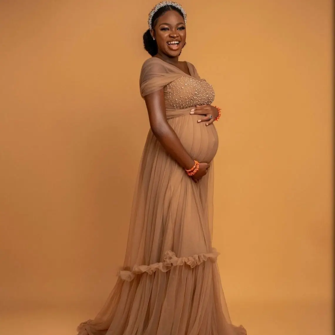 African Maternity Tulle Gown for Baby Shower Prom Dresses with Beads Sheer Maxi Dress Photo Shoot Robes