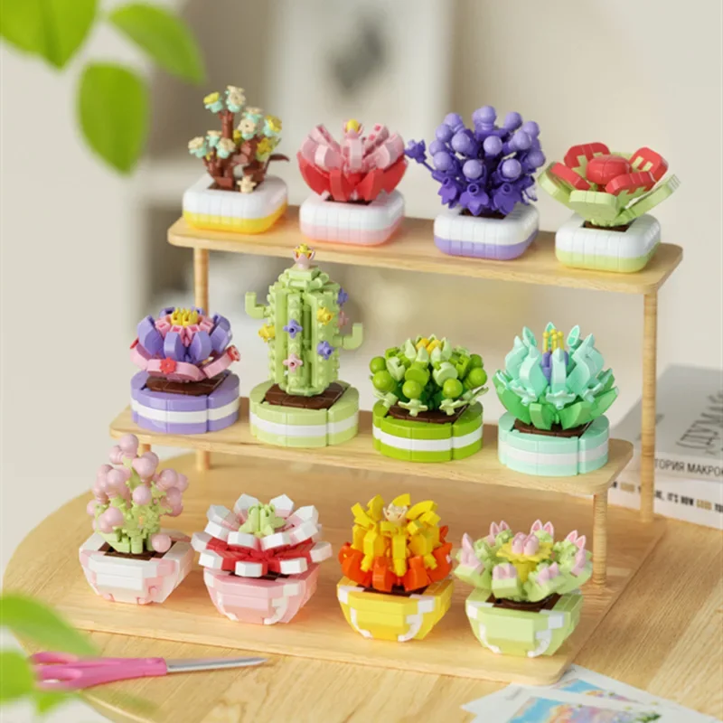 12PC Succulent Building Blocks Eternal Flower Bouquet Plant Potted DIY Assembly Kids Toys Home Decoration Birthday Girls Gifts