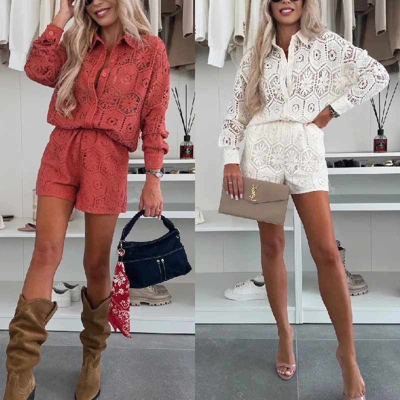 Casual Jacquard Hollow Blouse Shorts Two Piece Set Summer Women Sexy V Neck Shirt Tops Elastic Waist Short Pants Lady Outfits