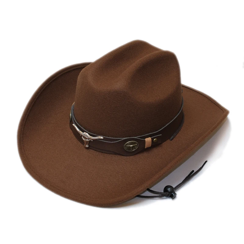 Retro Wide Brim Cow Head Leather Belt Autumn Winter Warm Women Men Hard Felt Yellowstone Style Cap Cowboy Cowgirl Hat 58-59cm