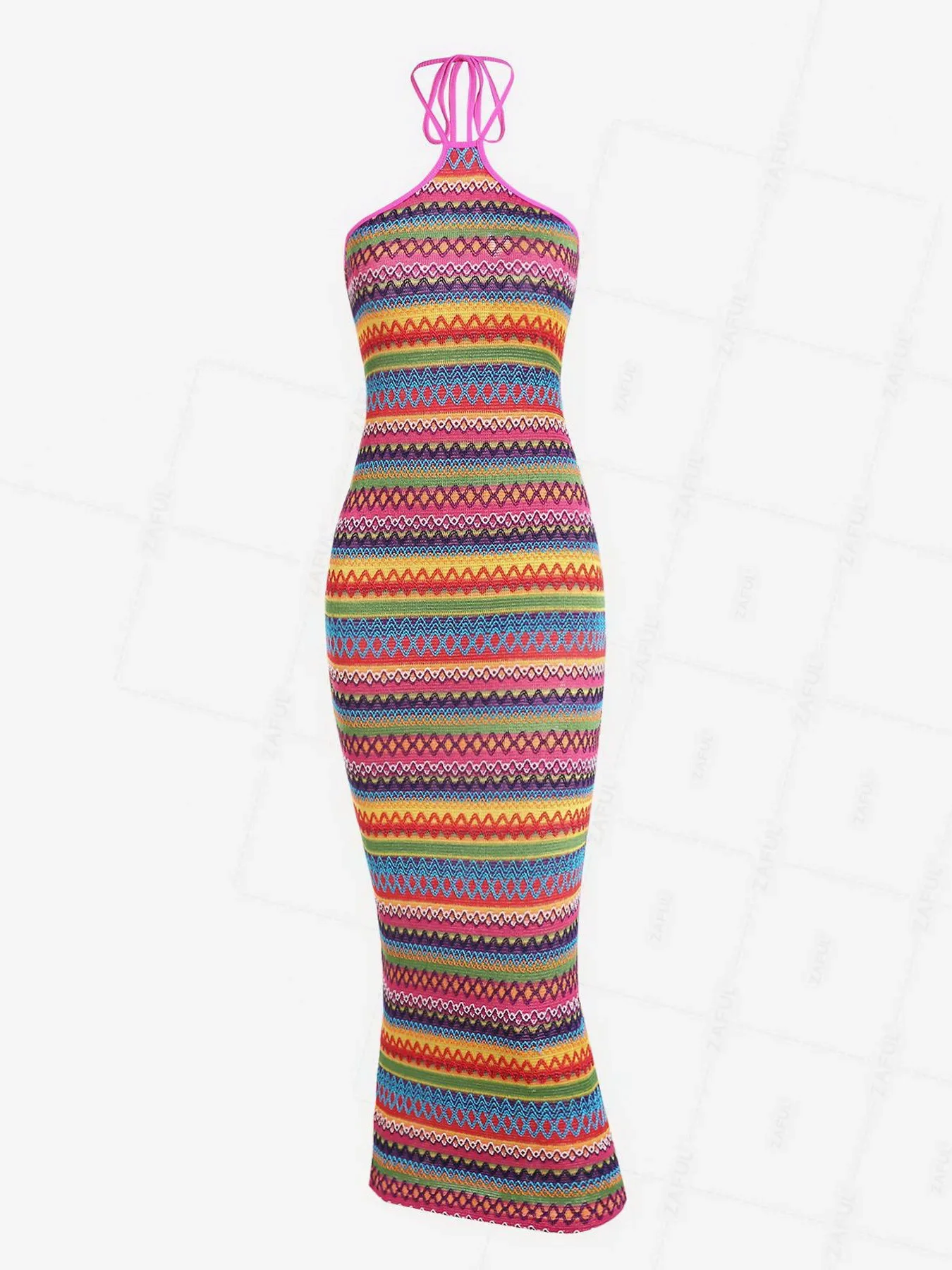 ZAFUL Women's Sexy Halter Tied Open Back Colorful Rainbow Zig Zag Stripes Knit Slinky Midi Dress Long ethnic dress 2024 NEW