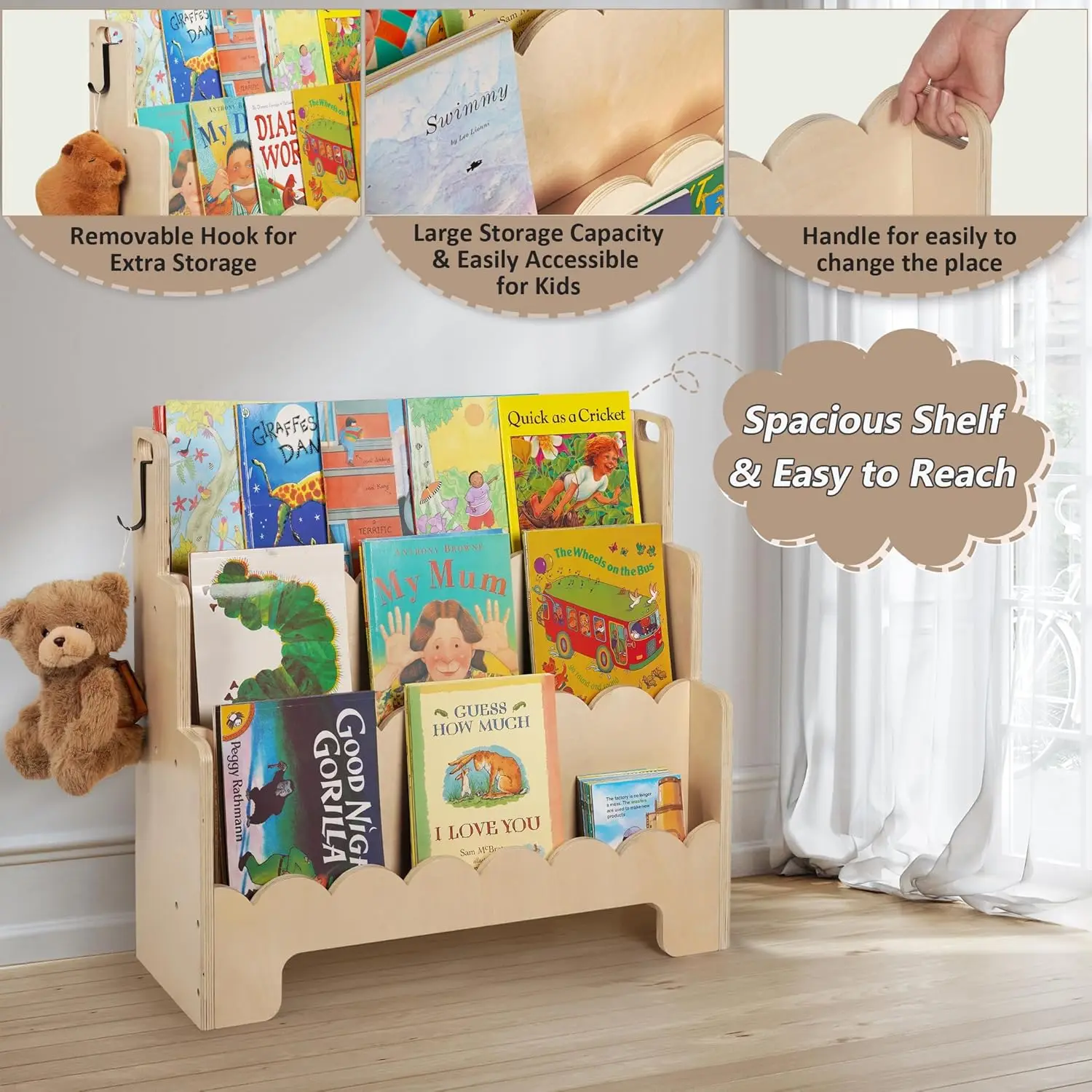 Kids Bookshelf Wooden 3-Tier, Scalloped Book Shelf for Kids Rooms, Front Facing Toddler Montessori Bookshelf, Baby Nursery Book