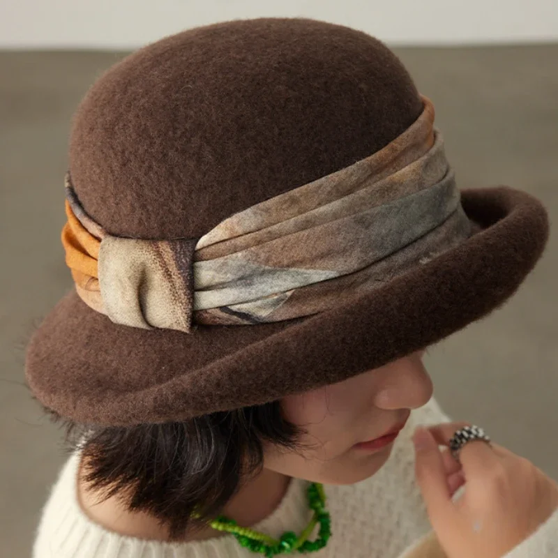 Women's Luxury French Style Wool Bucket Hat with Ink Ribbon and Felt Dome for Winter