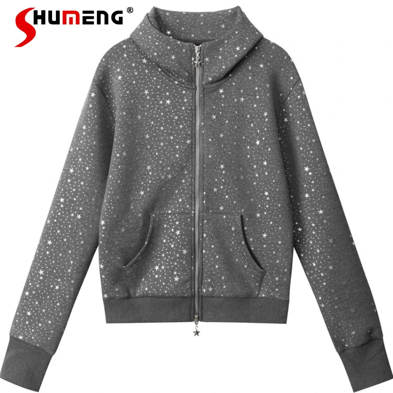 

Women's 2025 Autumn New Slim Fit Short Zipper Hoodies Jackets Fashion Rhinestone Star Full Print Chic Hooded Zipper Sweatshirts