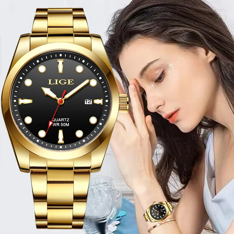 LIGE Ladies Wristwatch Luxury Waterproof Luminous Date Golden Watch For Women Dress Stainless Steel Quartz Women\'s Watches+Box