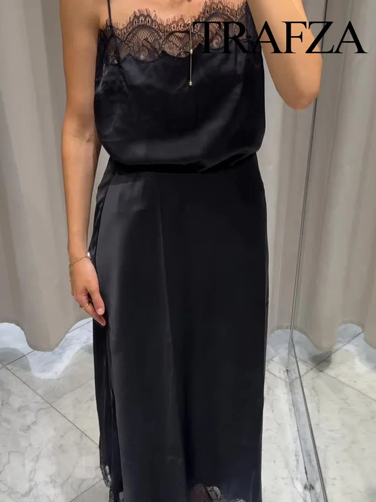 

TRAFZA Women Autumn New Fashion Satin Texture Suit Sleeveless Lace Decoration V-Neck Backless Short Sling Top+Black Midi Skirt