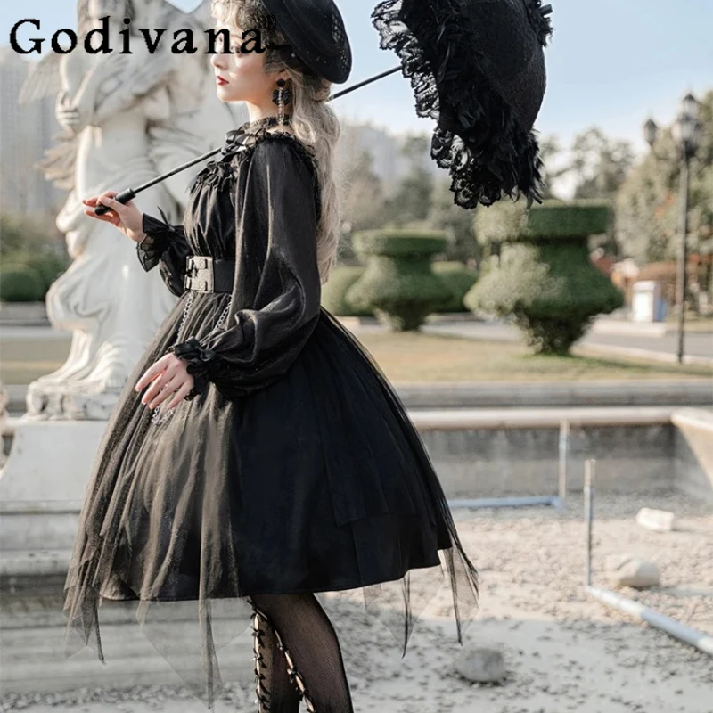 

Lolita Halloween Daily Simple Goth Dark Op Black Long Sleeve Dress New Gauze Sweet Square Collar High Waist Irregular Dresses