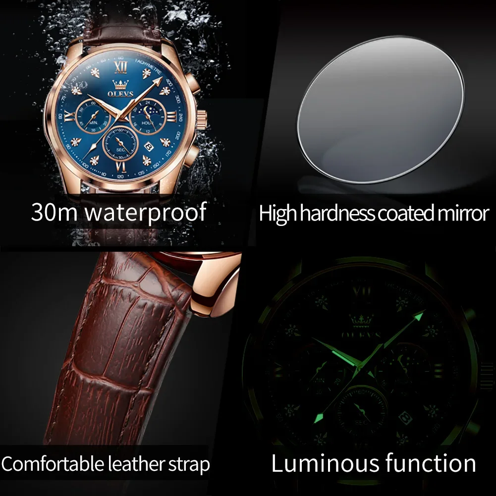 OLEVS 2888 Quartz Waterproof Watches For Men, Sport Genuine Leather Strap Multi-function Men Wristwatches Luminous Chronograph