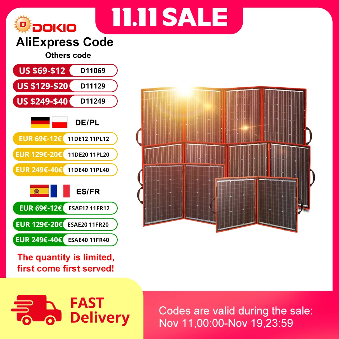 Dokio Flexible Foldable 18V Solar Panel High Efficience Travel & Phone & Boat Portable 12V 80-295w Solar Panel Kit