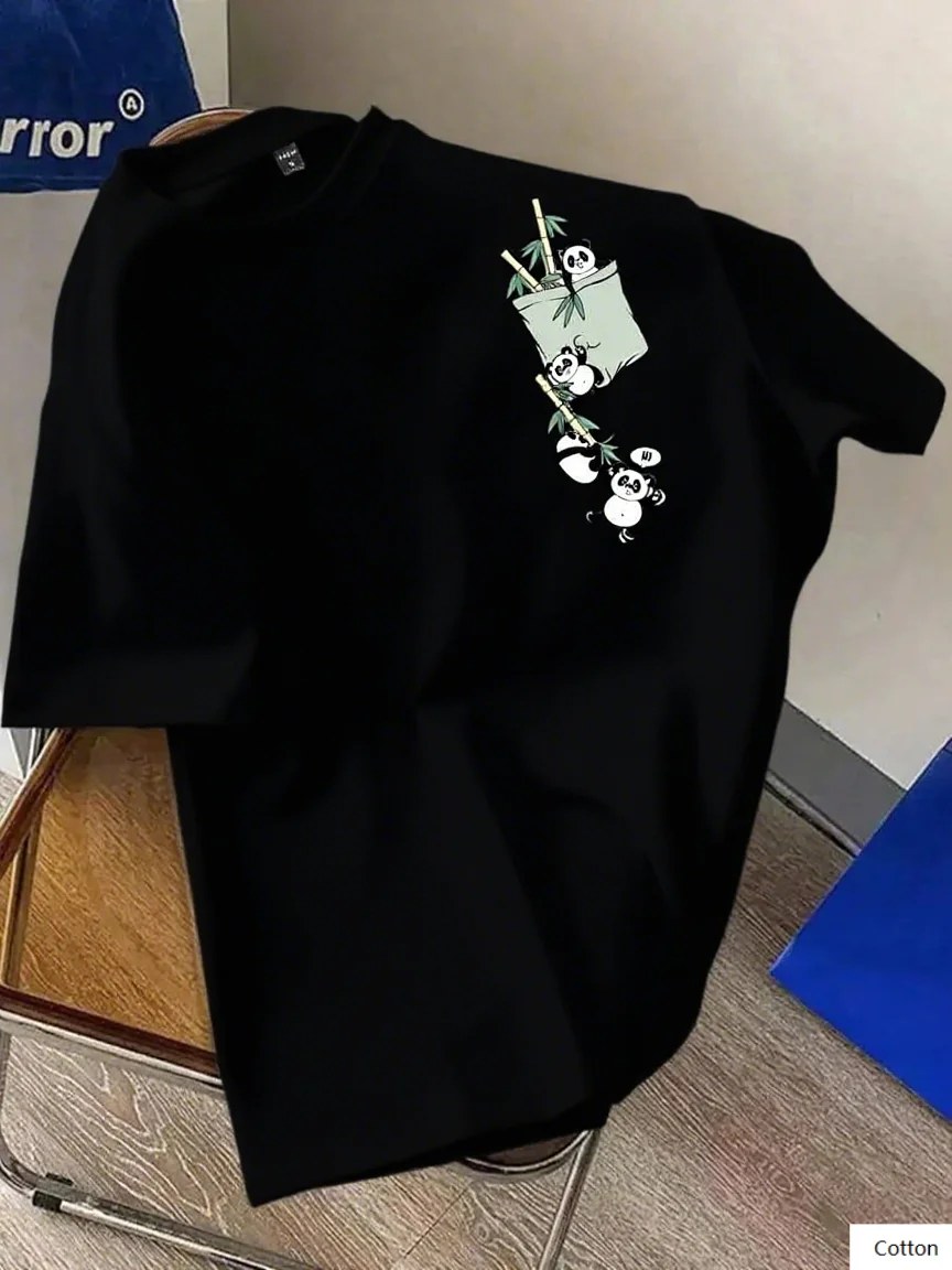 

Cute Panda with Bamboo Bag Print Cotton T - Shirt Ideal for Animal Lovers Daily Wear Streetwear Classic Print New Arrival S-4XL