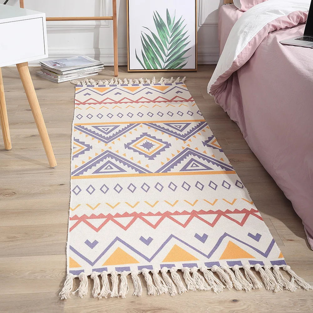 

Luxury Bohemian Ethnic Style Cotton Linen Soft Carpet Handmade Tassel Rug Living Room Bedside Floor Mat Pad Home Boho Decoration