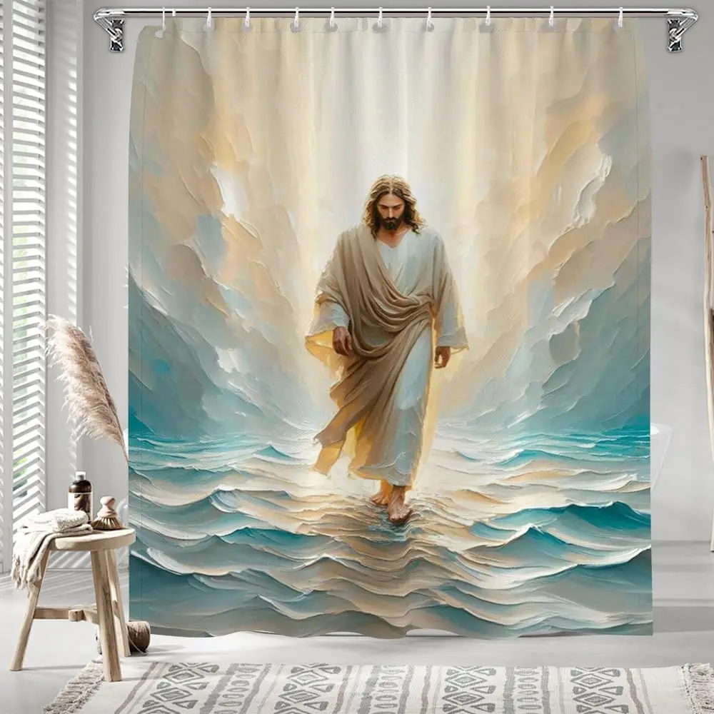 Polyester Shower Curtain Religious Spiritual Art Jesus Christ Divine Light Water Scene Bathroom Decor Faith Bible Artwork