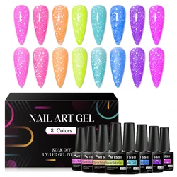 8PCS/Set Neon Snowflake Nail Glitter Sequins Gel Kit Nail Polish UV Semi Permanent Nail Art White Sequins Varnish Manicure Set