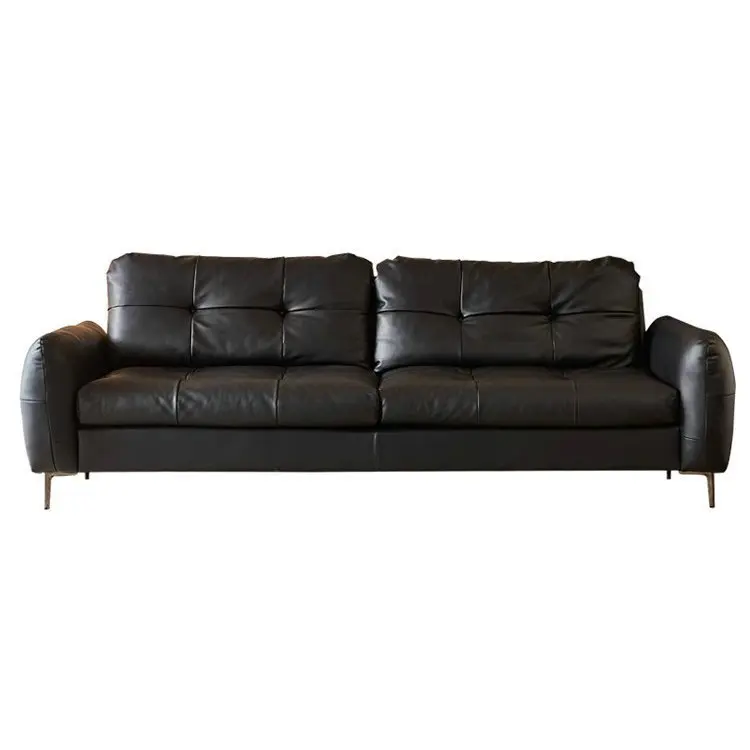 

Minimalist leather sofa straight row three people French retro style leather art medium ancient style cowhide sofa