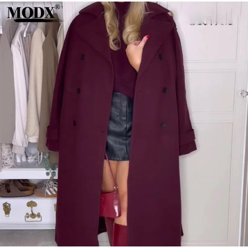 [modx] -solid Color Lapel Long Coat, Comfortable, Casual, Fashionable, Warm, Eye-catching, Double Breasted Jacket