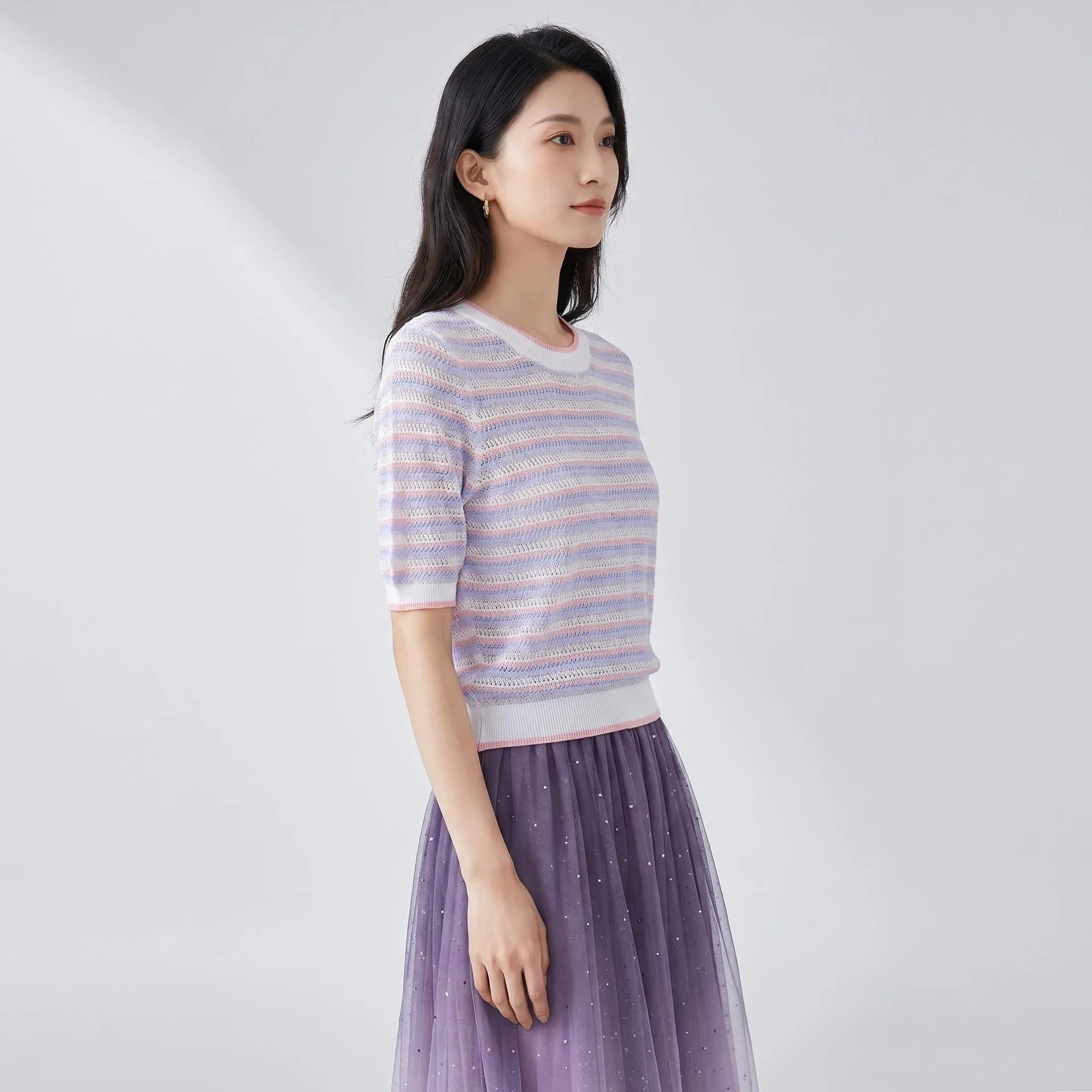 Cool Silk Knitted Cover up Women Summer Color Block round Neck Short Sleeve Hollow out Thin Top Fresh Sweet Style Commute
