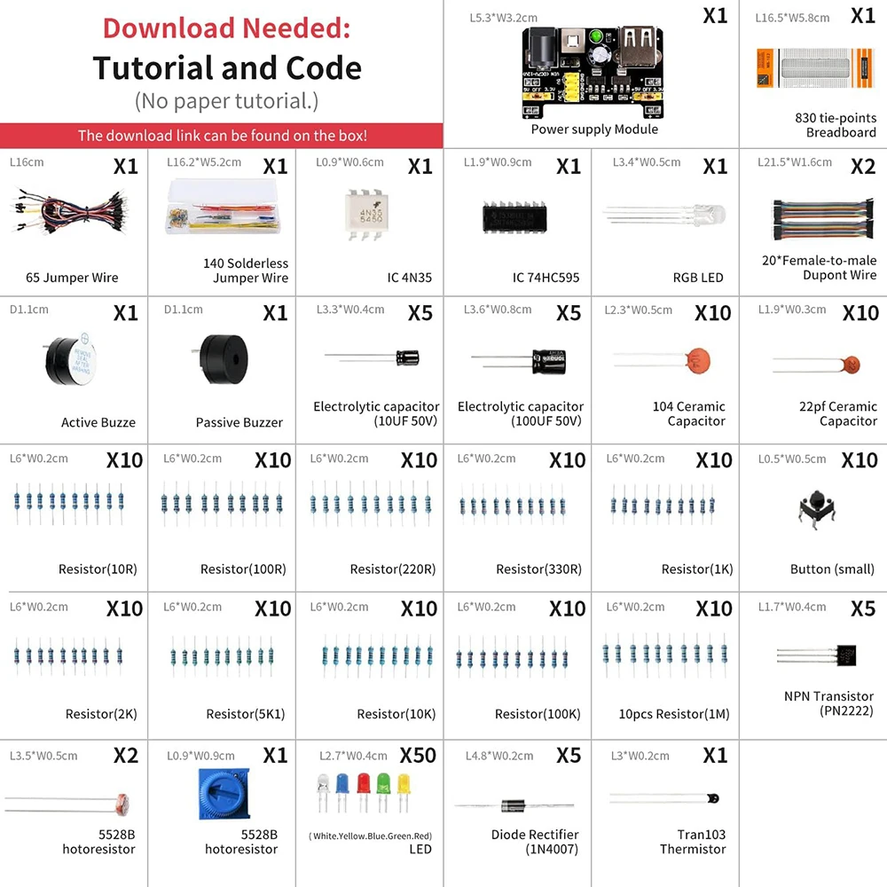 Basic Starter Kit 464 in 1 for Arduino Uno R3, Mega2560 Breadboard, Jumper Wires, Resistors, LEDs Electronics Component Fun Kit