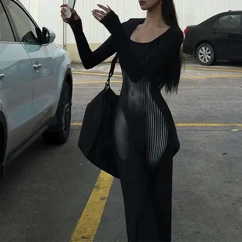 Novo vestido preto de manga comprida de corte baixo feminino cintura alta envoltório hip impresso vestidos rabo de peixe sexy nebuloso maxi bodycon vestido