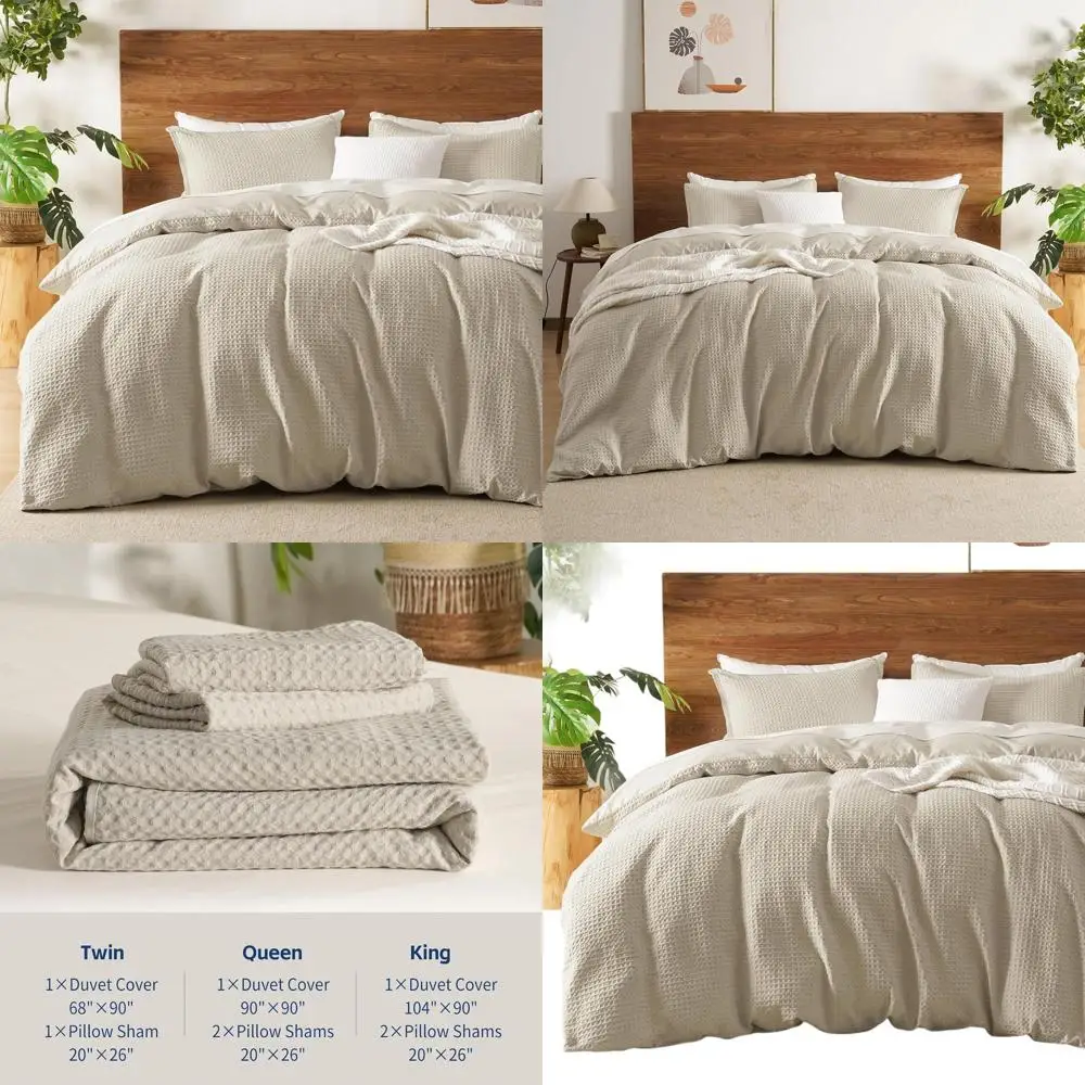 

King Size Waffle Weave Duvet Cover Set, 3-Piece Breathable Bedding with 2 Pillowcases, Cozy All-Season Textured Decor, 104x90, N