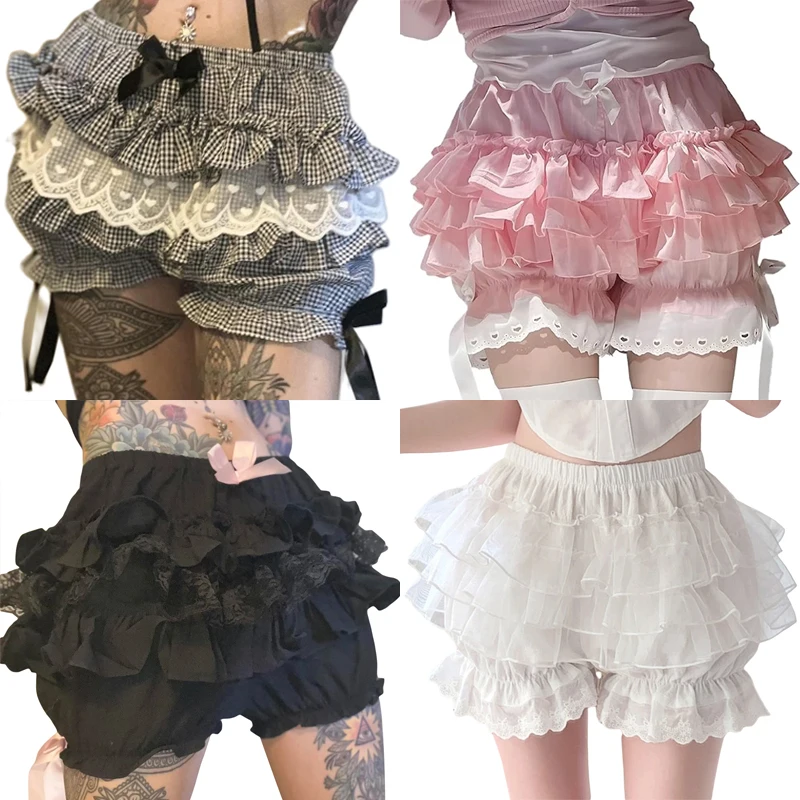 

Sweet Girl Cute Bow Pumpkin Pants Japanese Kawaii Lace Trim Bloomers Shorts E-girl Fairycore Y2K Aesthetic Multi-layers Bottoms