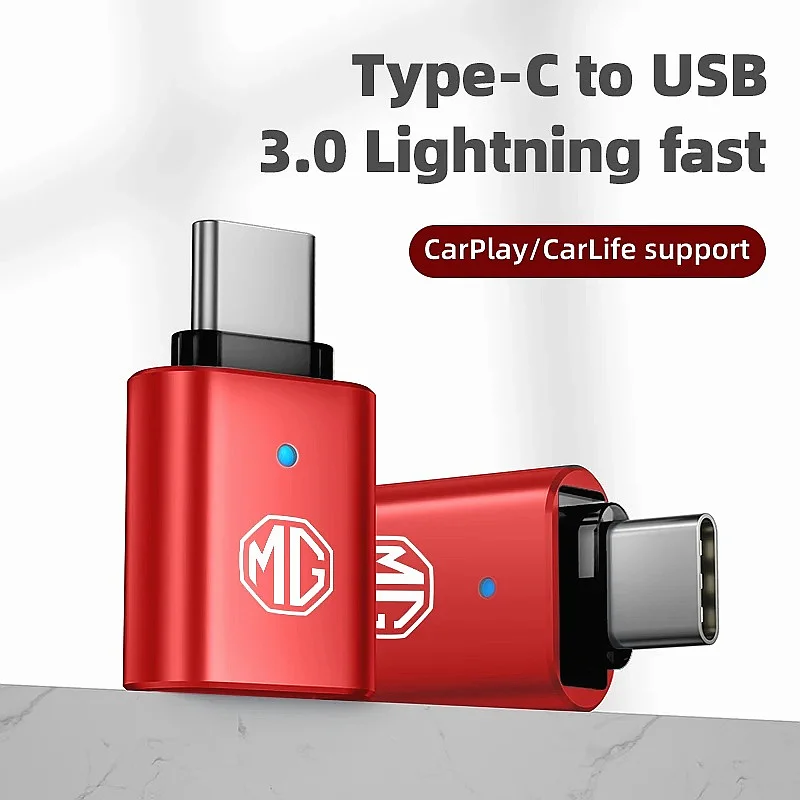 MG Logo Type-C to USB3.0 LED CarPlay Adapter For MG ZS HS MG5 MG4 Mulan GT, USB3.0 Converter Auto Interior Accessories