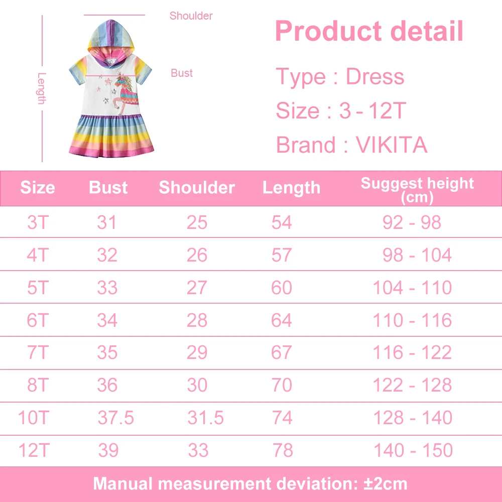 VIKITA Mädchen Einhorn Stern Appliziertes Kapuzenkleid Kinder Kurzarm Sommer Baumwolle Lässig Gestreiftes Buntes Gerades Rüschenkleid – Detail 1
