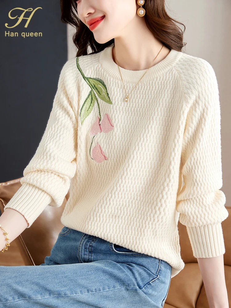 H Han Queen Korean Tops New Korean Elastic Knit Pullovers Sweaters Chic O-Neck Autumn Bottoming Embroidery Casual Sweater Women