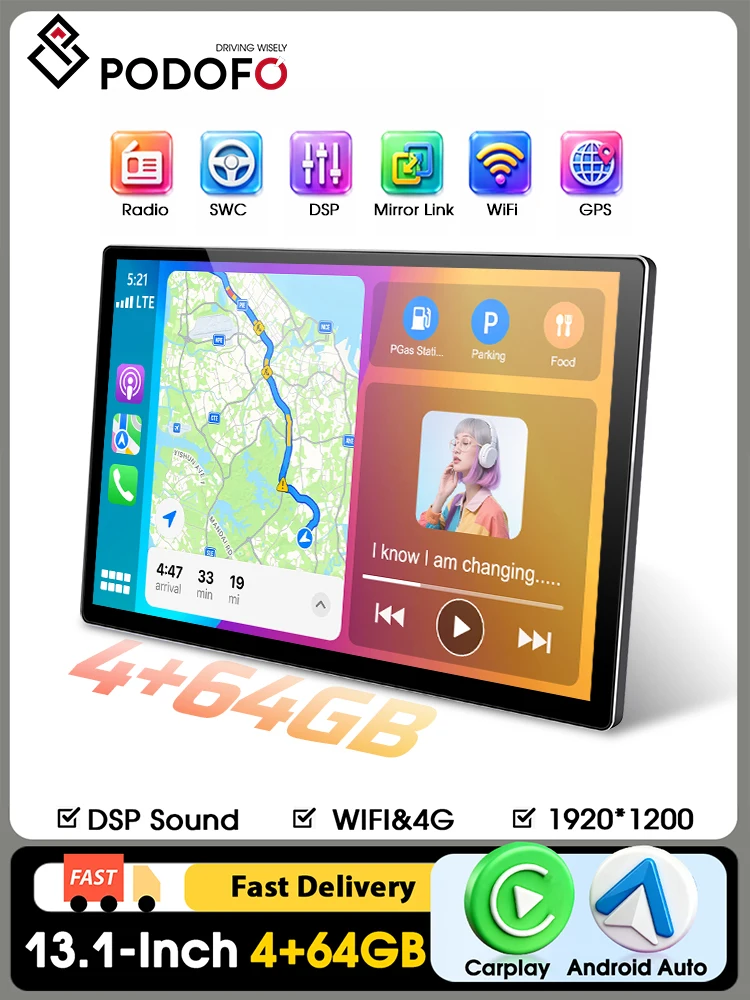 Podofo 13 Zoll 8-Kern Android Autoradio Stereo 2K HD Touchscreen 4GB 64GB GPS-Navigation Universeller Auto-Multimedia-Player Kabelloses Carplay Android Auto DSP-Audioverarbeitung mit 9/10 Zoll