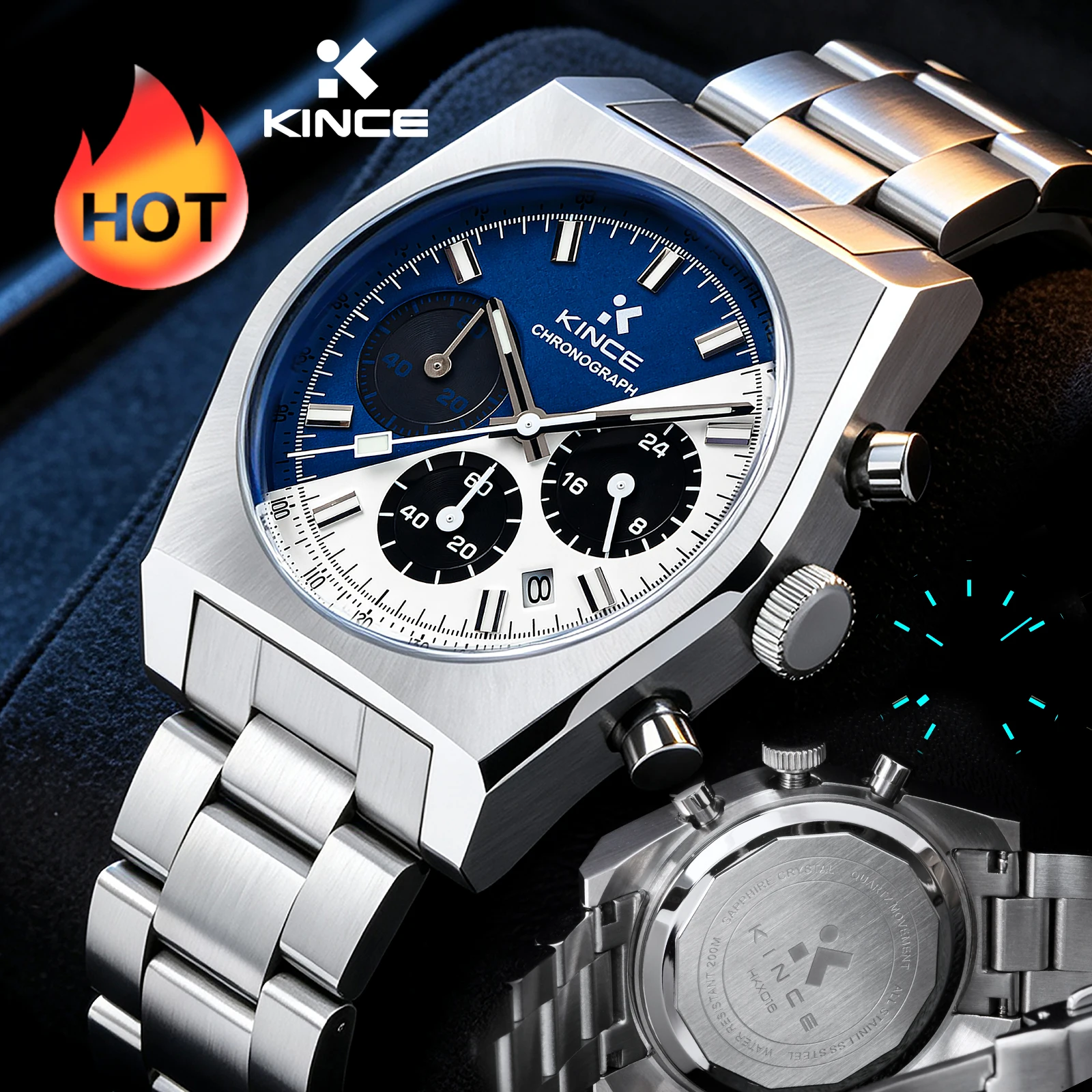 Men's Diver Watch Quartz VD53 Chronograph 40mm 200M Waterproof Sapphire Crystal BGW-9 Super Luminous Blue White Dial Steel Strap