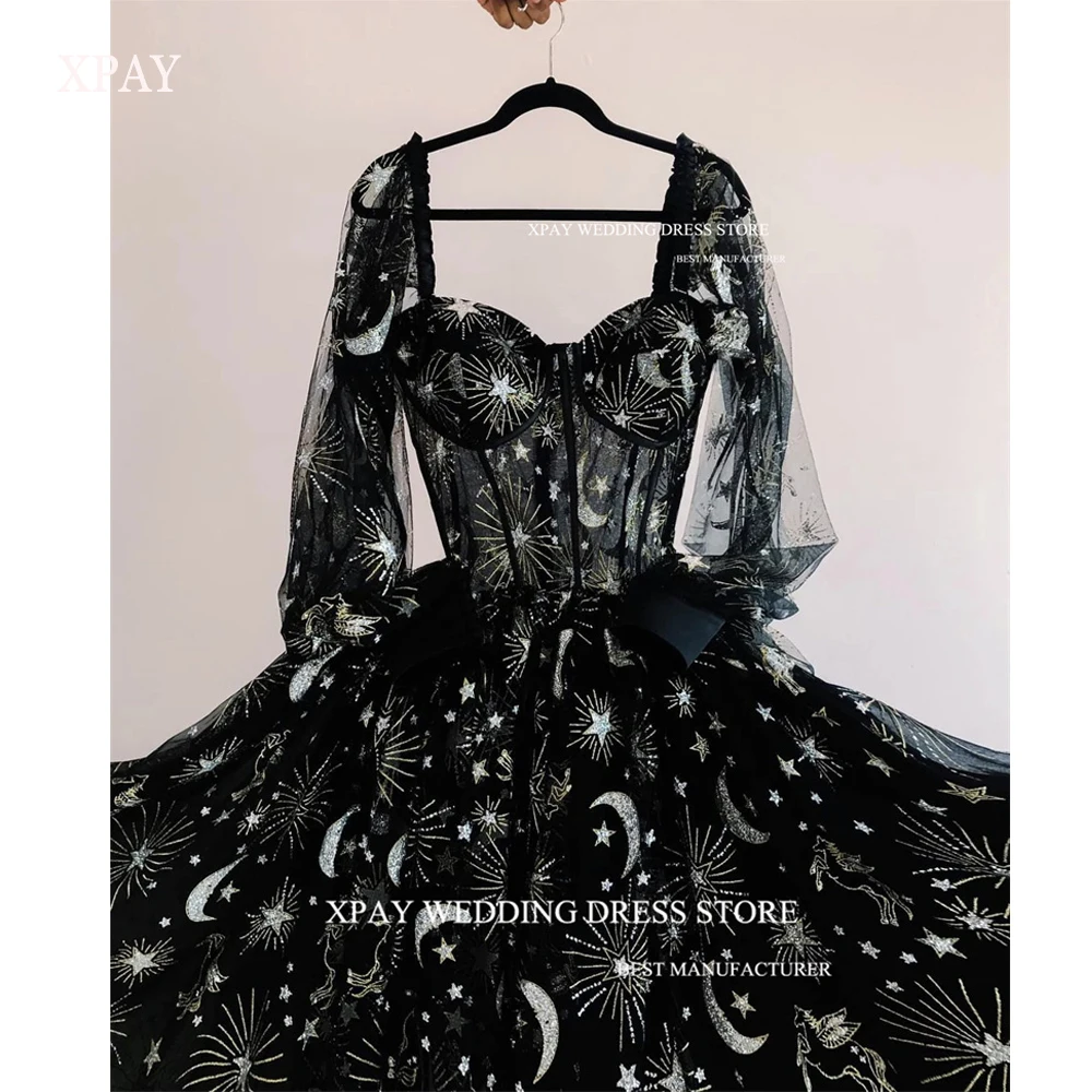 XPAY Black Stars Moons Pattern Prom Dresses Puff Long Sleeves Tulle Sweetheart Floor Length Evening Gowns Formal Party Dress