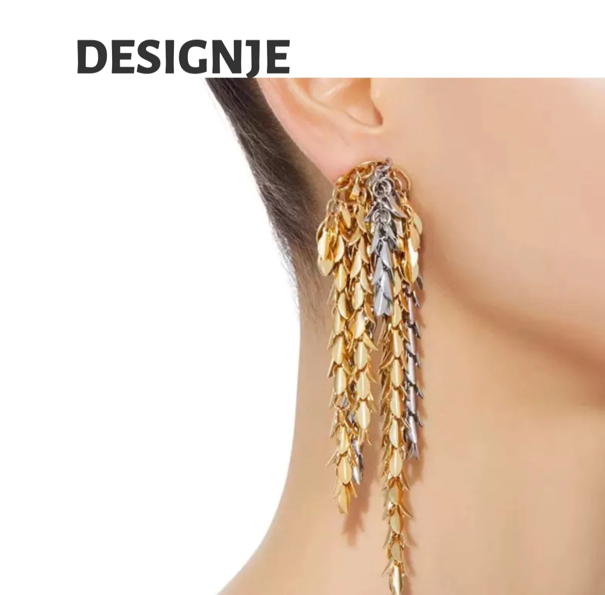 

[Personality] European and American designer model, gold and silver leaf fringe earrings, fashionable, luxurious, exaggerated