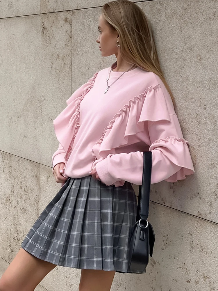 2024 Autumn Winter Sweatshirts Round Neck Pink Lantern Sleeve Ruffle Sweatshirts For Women Sporty Casual Knitwear Pullover Top