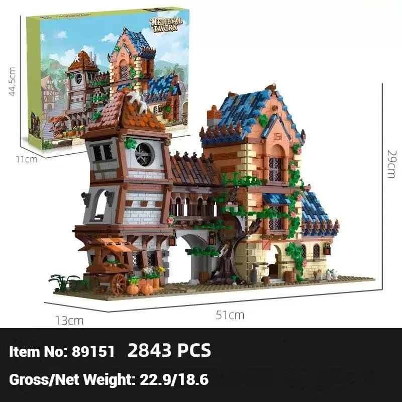 2843 peças modelo de construção diy da série street view, blocos de construção de taverna medieval, presente de brinquedo infantil, brinquedo de construção de casa grande