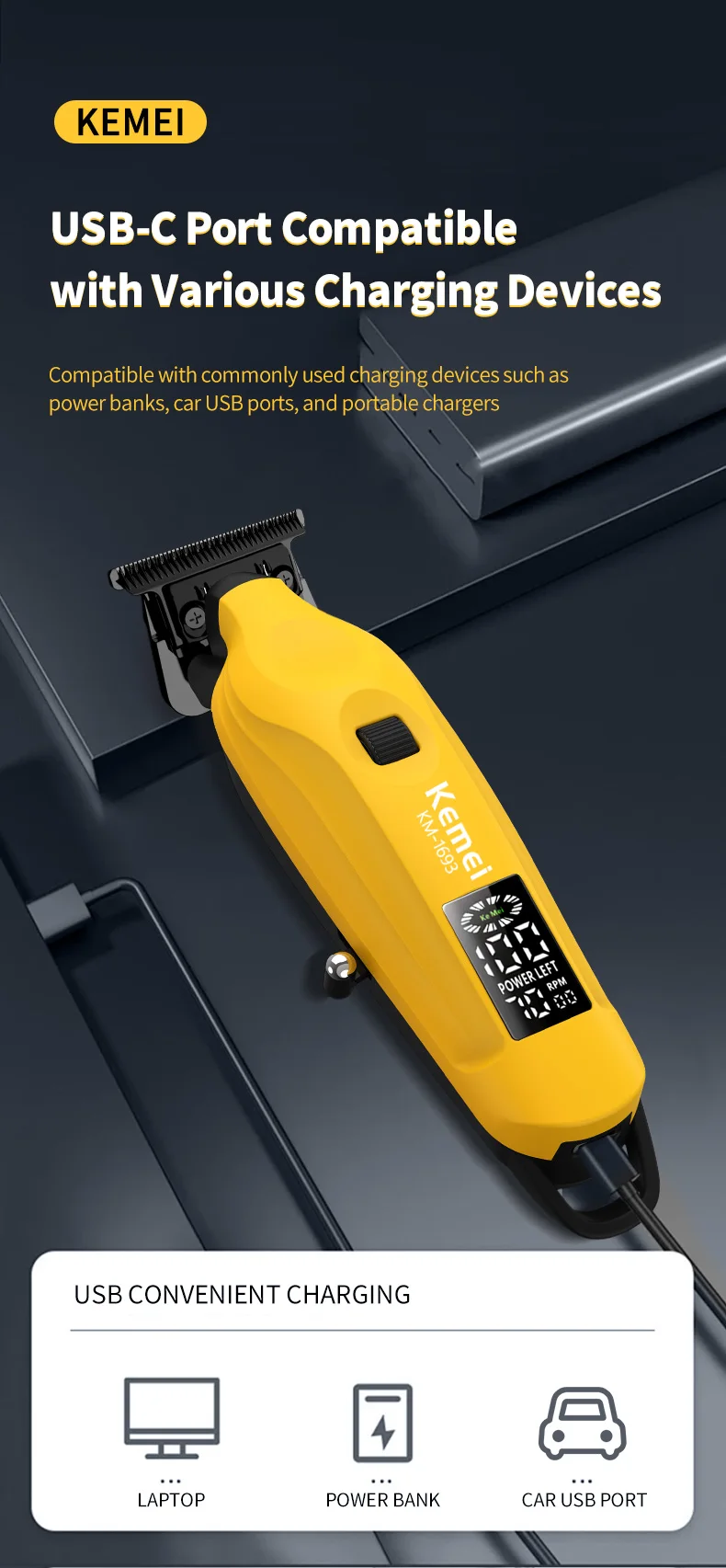 Kemei 1693, professioneller Haarschneider für Herren, kabelloser, per USB wiederaufladbarer elektrischer Haarschneider mit LCD-Display, abwaschbare Klingen. – Detail 8