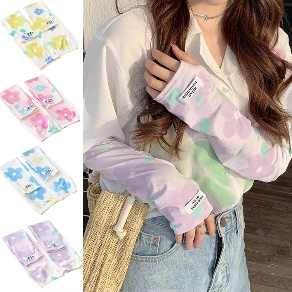 Elastic Printed Ice Silk Arm Sleeves UV Protection Ultrathin Ice Silk Long Gloves Half Finger Breathable Cooling Sleeve Sports