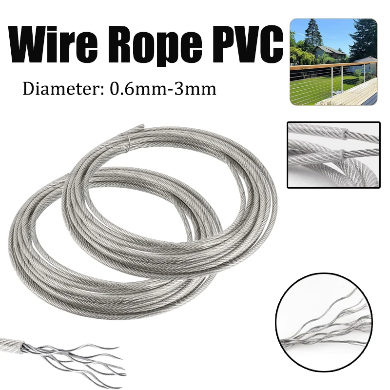 5 متر/10 متر شفاف اللون بولي كلوريد الفينيل طلاء البلاستيك 0.6-3 مللي متر 304 الفولاذ المقاوم للصدأ سلك حبل كابل مصممة لخطوط الغسيل