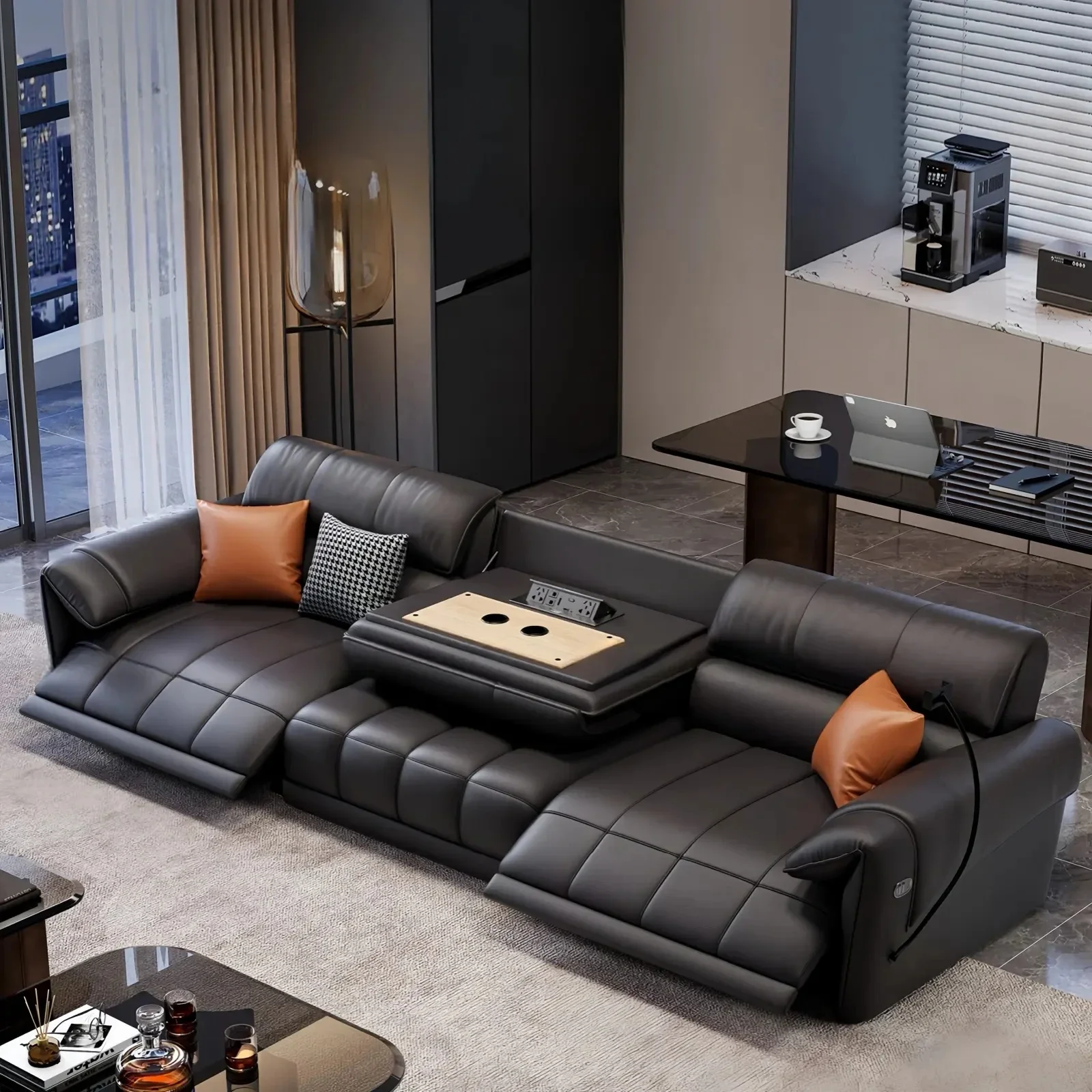 Modern   Grey Leather Power Recliner Sofa 3 Seater Living Room Furniture  Modular Couch Sofa Set With Flip Coffee Table
