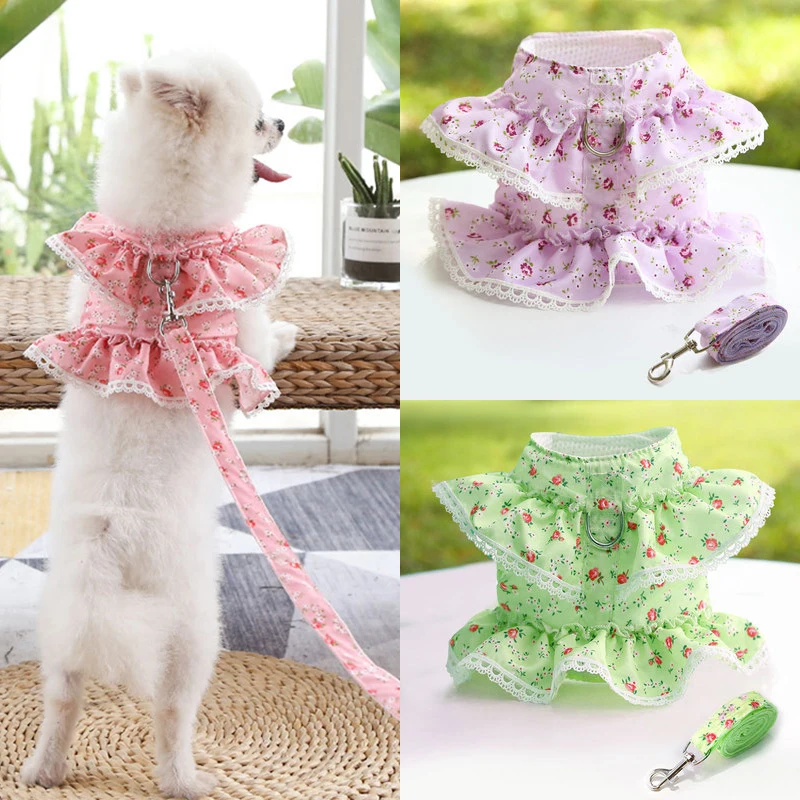 Lace Floral Dog Cat Harness Leash Set For Small Dogs Dress Cute Adjustable Pet Harness Vest Breathable Mesh Running Walking Lead