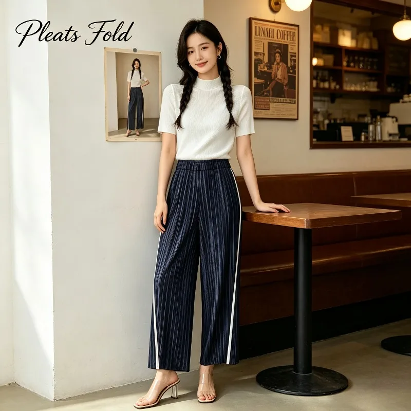 Miyake Pleated 2026 New Pleated Side White Stripe Wide-Leg Pants for Women Draped Simple Multi-Length Straight Casual Trousers