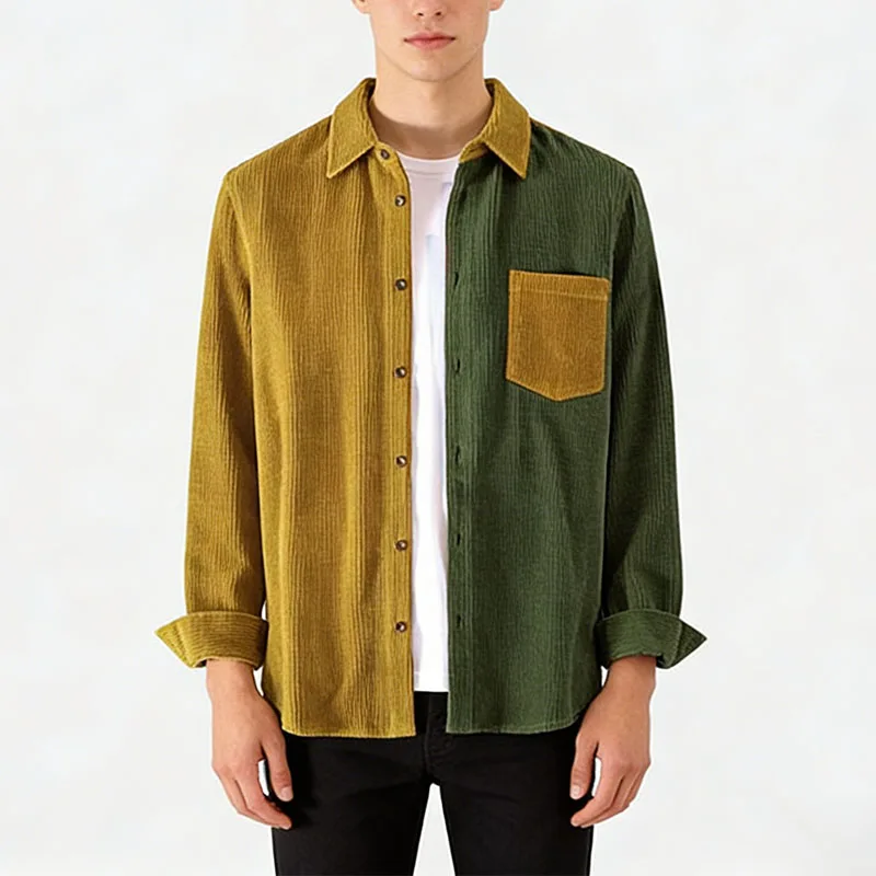 

Мужские вельветовые рубашки с длинным рукавом и отложным воротником, весенне-летние, винтажные, в уличном стиле, модные, с пэчворком, на пуговицах