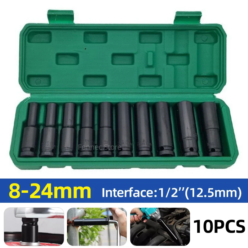 

10pcs 1/2" Drive Metric Impact Socket Set Universal Socket Metric Drive Deep Socket Set Wrench for Air Pneumatic Repair Tools