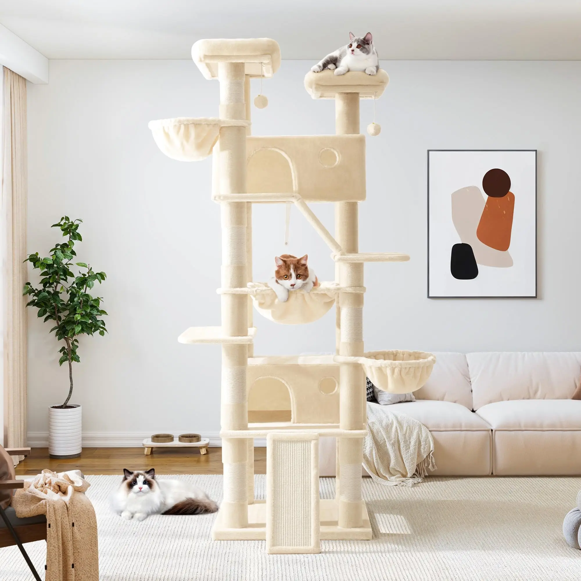 81 Inches Tall Cat Tree/Multi-Level Large Climbing Tree House and Towers for Big Feline/Condo and Hammock/Scratching
