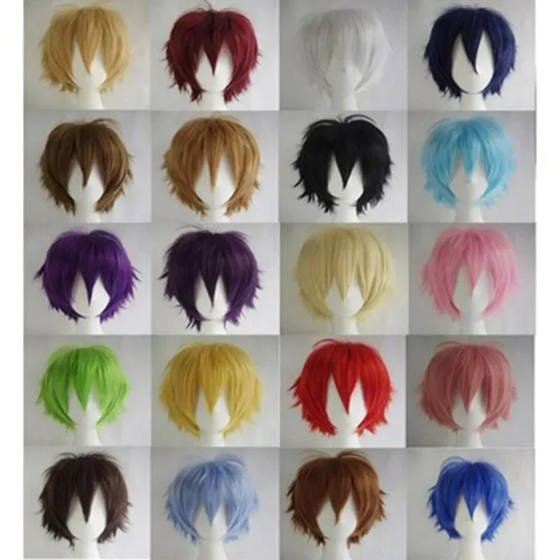 Anime 30cm Short Straight Cosplay Wig Black White Green Brown Purple Blue Gray Red Gold Man Women Heat Resistant Synthetic Hair