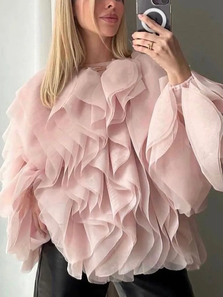 VGH Solide Patchwork Spitze Up Unregelmäßige Blusen Für Frauen Rundhals Langarm Verstärktes Rüschen Casual Pullover Shirts Weibliche – Detail 8