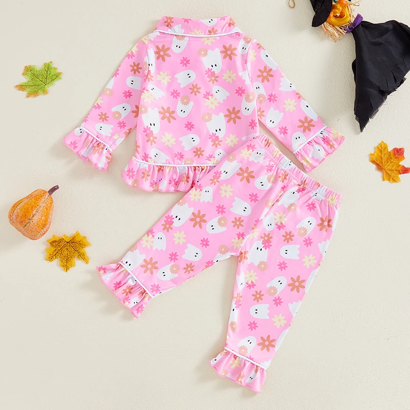 Little Girl Halloween Pajamas Set Pumpkin Print Long Sleeve Lapel Button Down Tops with Ruffled Pants Fall 2 Pieces Sleepwear