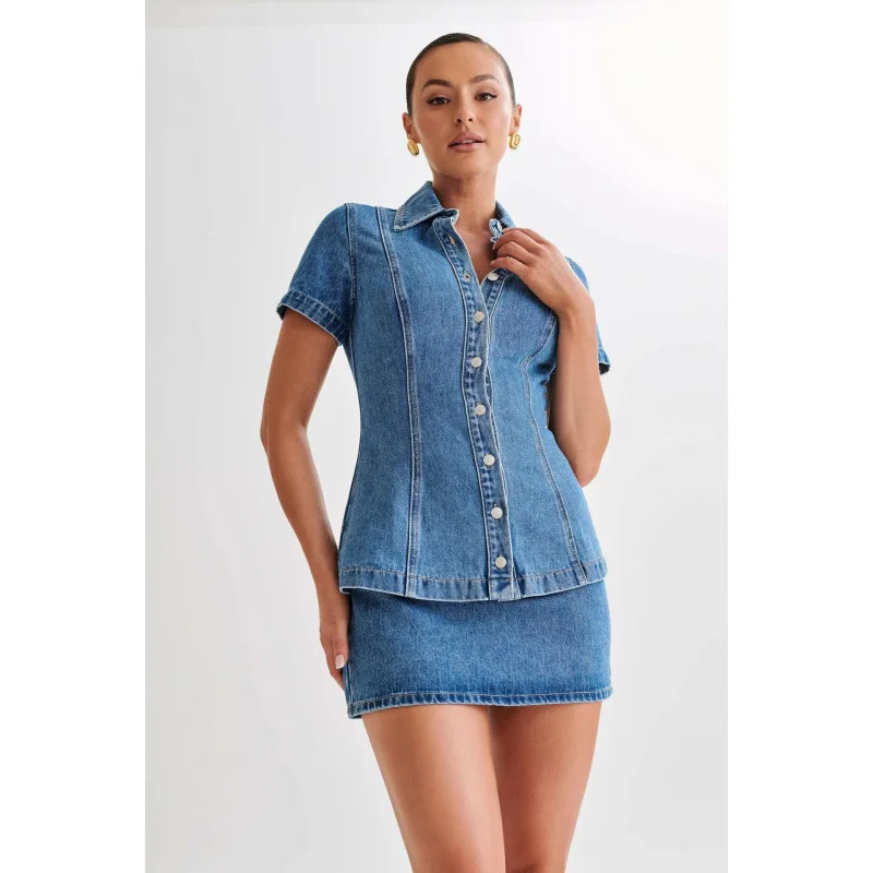 Women's Fashionable Elegant Short Sleeve Denim Button-Up Collar Top with High-Waisted Skirt Set