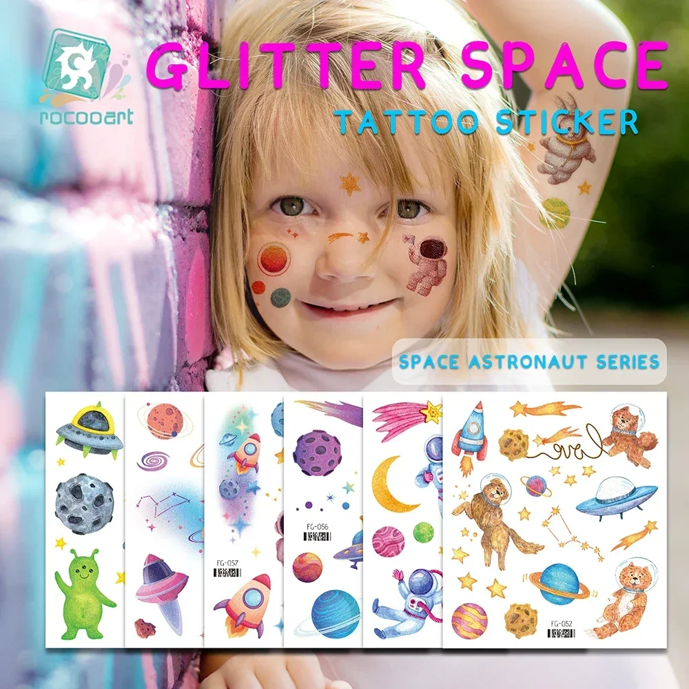 Glitter Space Man Temporary Tattoos Sticker For Kids Fake Tattoo Planets Star Tatoo Children Waterproof Tatto Astronaut Universe