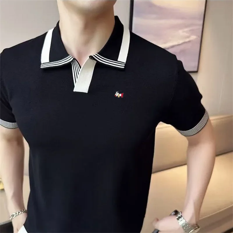 Korea Vintage Golf Short-sleeved T-shirt Men's Polo Shirt Ice Silk Knitted Thin New Business Casual T-shirt Top Golf Clothing