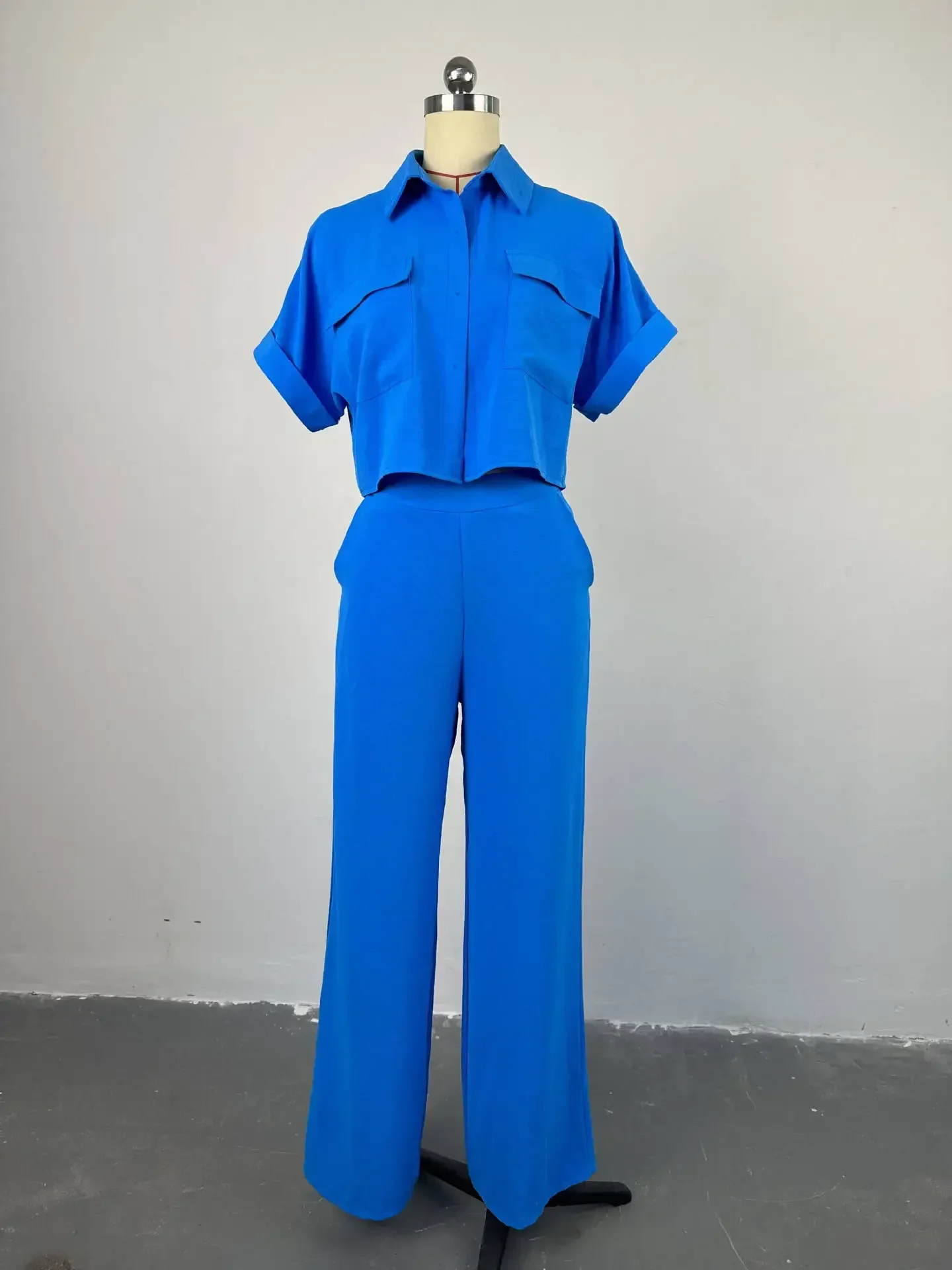 Women Tow Piece Sets Outfits Clothing Trend Casual Pants Lapel Short Sleeve Shirt Tops Short Tops Wide Leg Trousers Suit